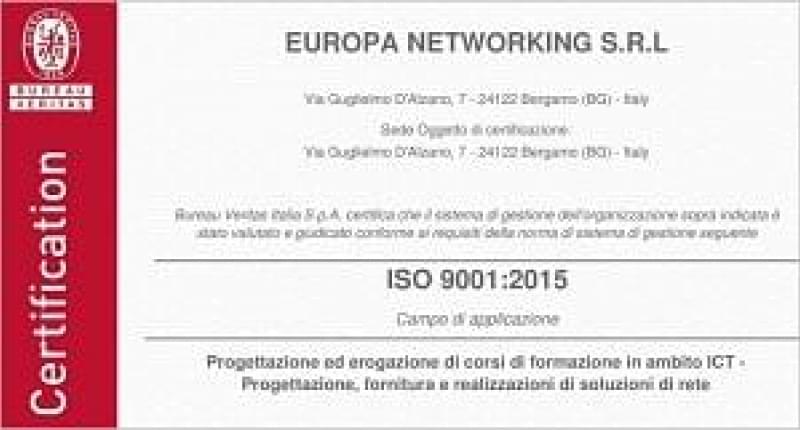 Europa Networking certificata ISO 9001:2015 e ISO/IEC 27001:2013